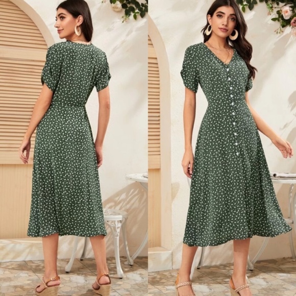 boho floral print button up v neck dress GREEN - Picture 5 of 8